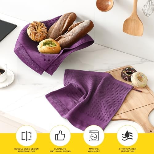 Kitchen Towels and Dishcloths Set, 12 x 12 and 13 x 28 Inches, Set of 8 100% Cotton Waffle Weave Kitchen Towels, Super Soft and Absorbent Dish Cloths, Purple