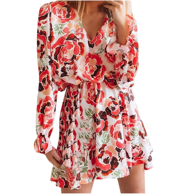 Vestido HUOGUO de manga larga con cuello en V holgado y estampado a la moda para mujer
