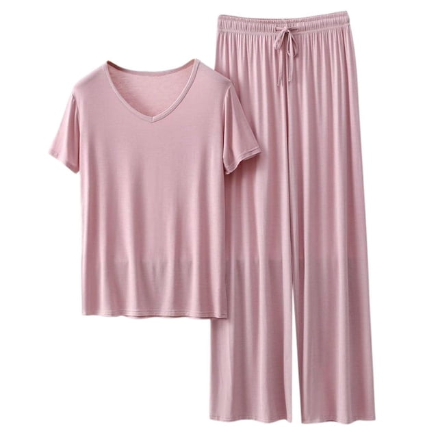 Hontri Ensembles de Pyjama à Manches Longues pour Femmes - Vêtements de Nuit Douillets d'Automne (Grande Taille, Col Rond Deux Pièces) Rose TG