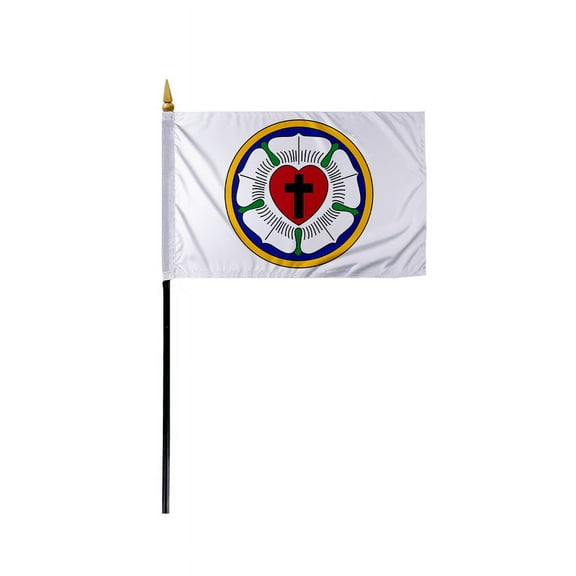 Promo Patriot's 4"x6" Inch Lutheran Rose Stick Flag - Polyester, Black Plastic Pole with Gold Spear Top
