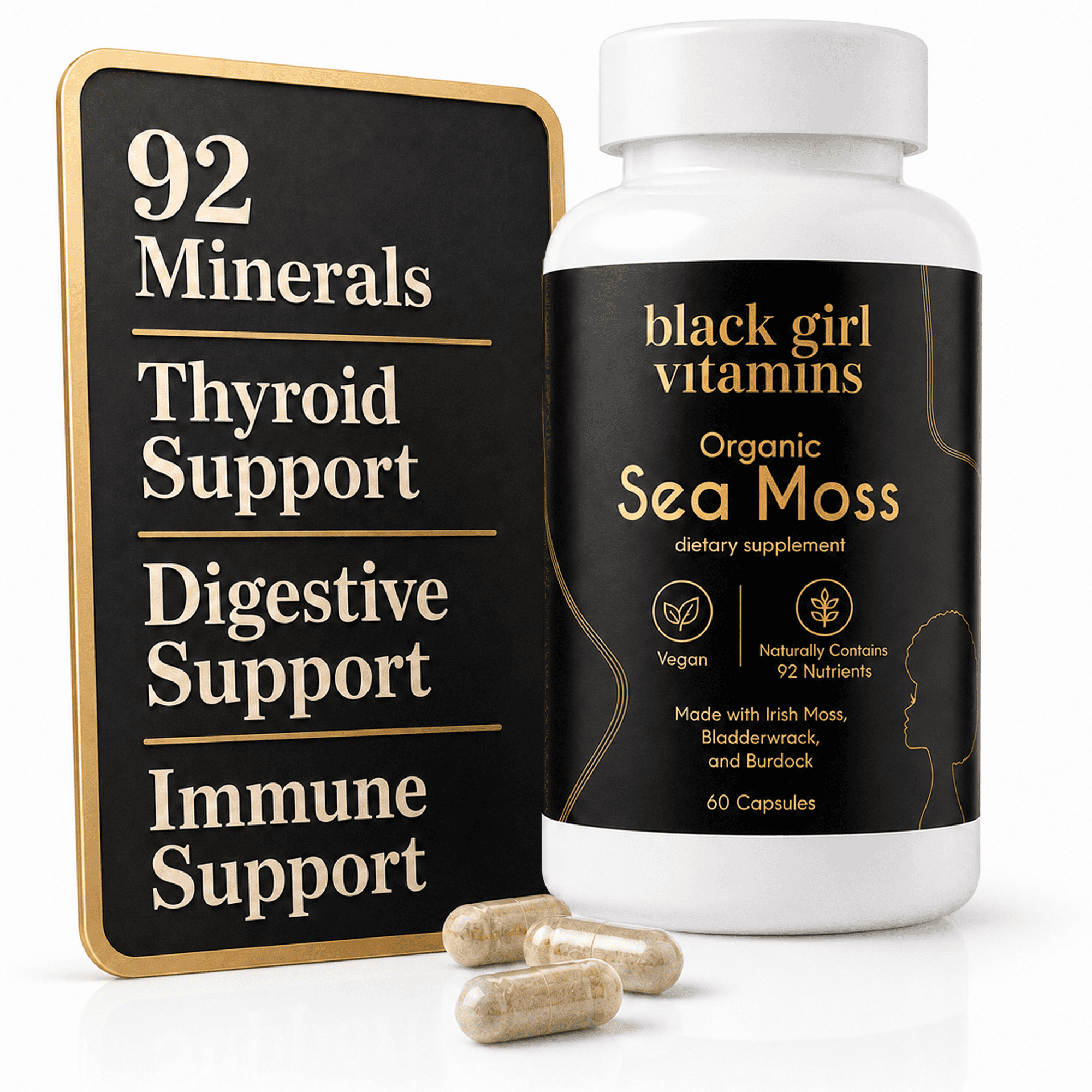 Black Girl Vitamins Organic Sea Moss Capsules – 92 Minerals Superfood Supplement | Vegan Sea Moss Pills for Thyroid, Digestive & Immune Support | Black-Owned, Non-GMO
