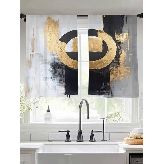 Black Gold Sheer Curtains 54 Inches Long 2 Panels round Watercolor Light Filtering Semi Sheer Window Curtains Drapes for Bedroom Living Room 52"x54"