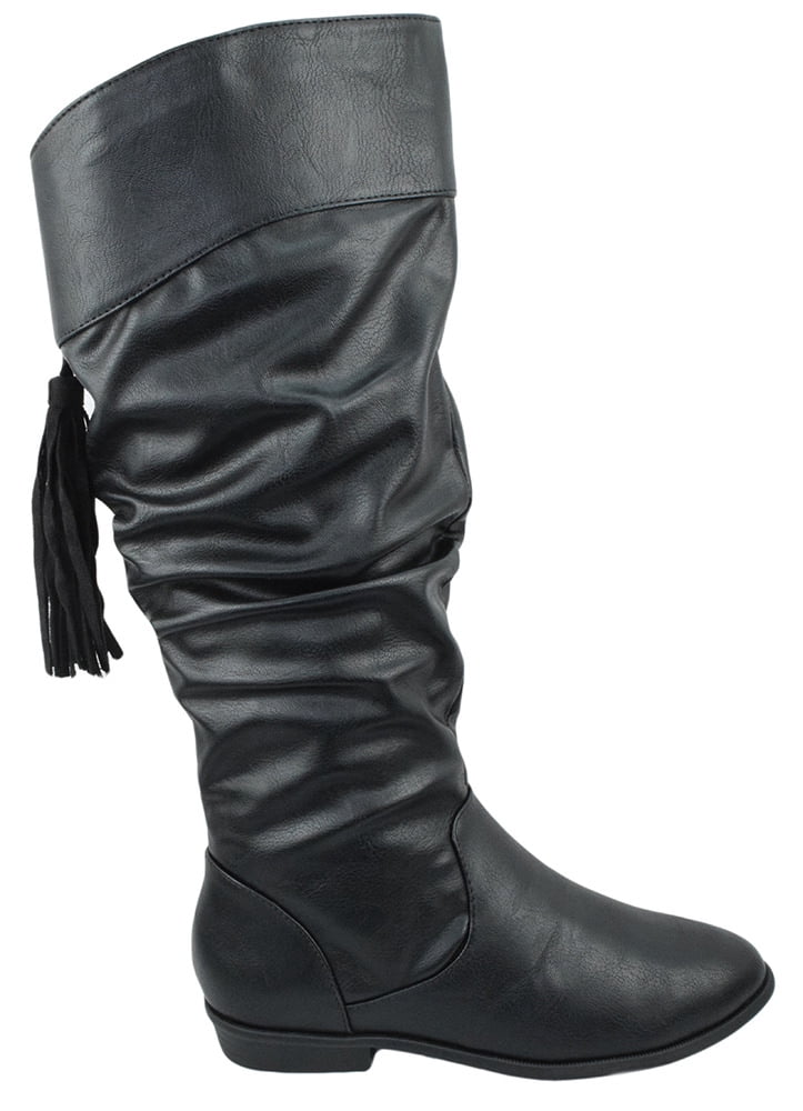 black leather knee high boots flat heel