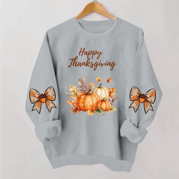 VKOYWKM Women's Happy Thanksgiving Sweatshirt Funny Letter Pumpkin Print Long Sleeve Crewneck Fall Pullover Tops