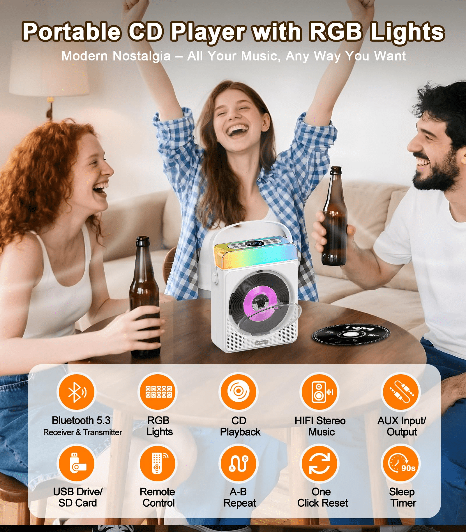 4000mAh Portable CD Player with Bluetooth & RGB Lights,  Rechargeable Personal CD Player with Speakers & Remote, Bass Boost, USB/TF/AUX Support, for Home/Outdoor Use (White）