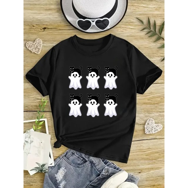 Girls' Halloween T-Shirt - Cute Ghosts Graphic Tee, Lightweight Knit Top for Halloween Party outfit, everyday Summer Clothing - Soft Round Neck Shirt for & Kids, Halloween Clothes