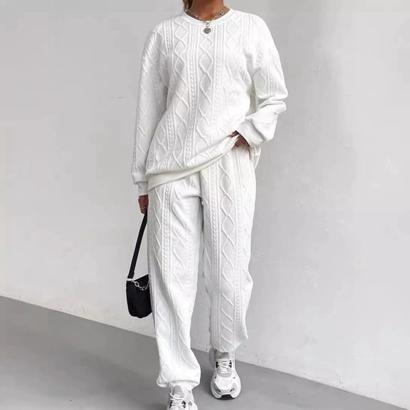 Women'S Oversized Sweatshirt & Joggers Set Cozy Cable Knit Loungewear, Trendy Winter Christmas Outfit Long Pants And Long-Sleeved Home Wear Set White S