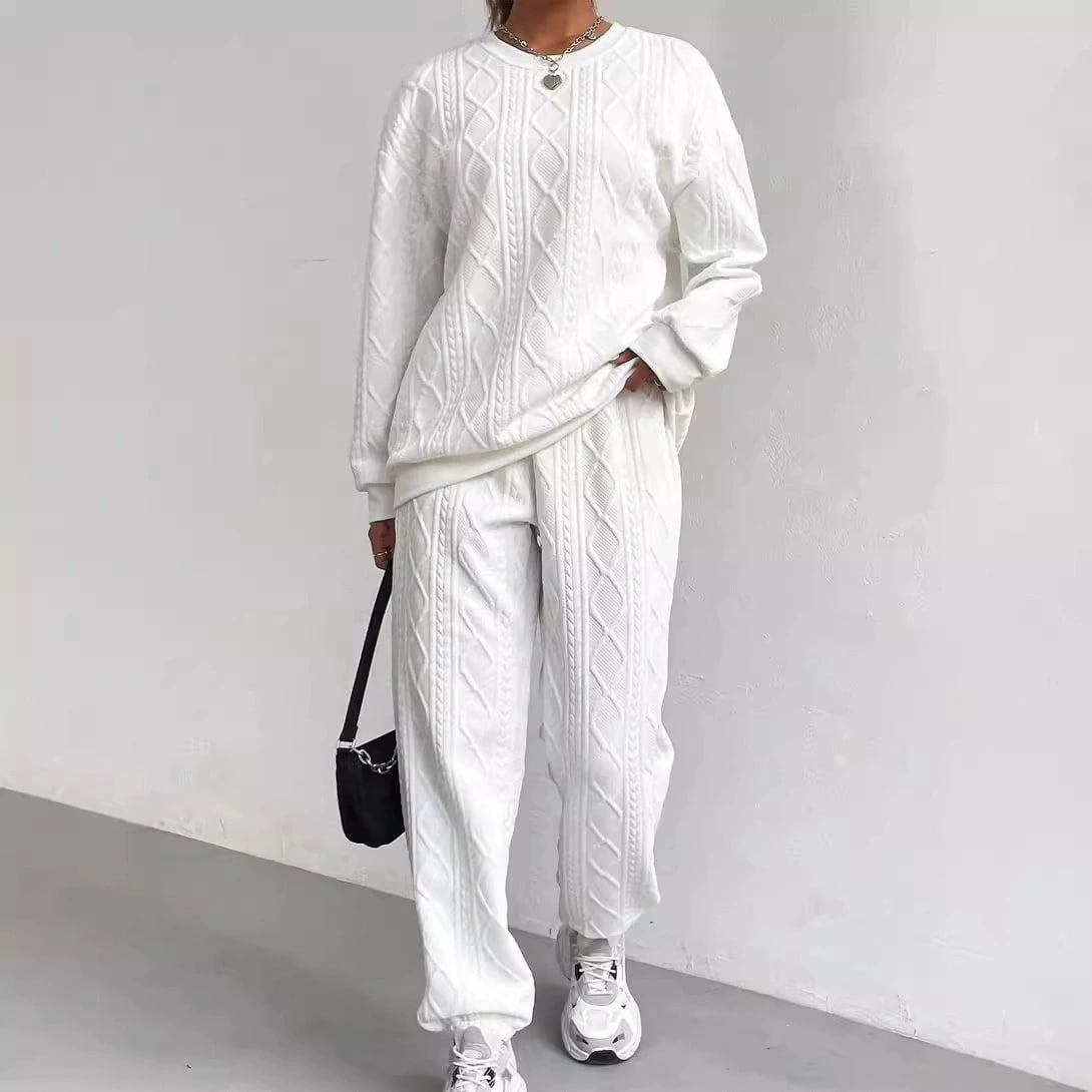 Women'S Oversized Sweatshirt & Joggers Set Cozy Cable Knit Loungewear, Trendy Winter Christmas Outfit Long Pants And Long-Sleeved Home Wear Set White S