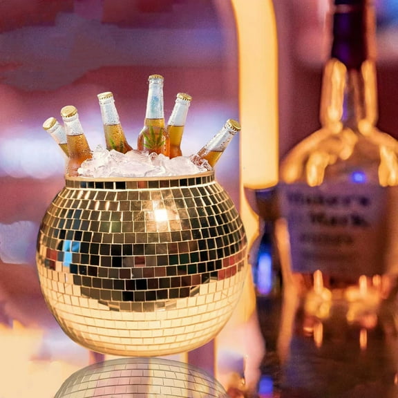 Deyuer Flash Ice Bucket Disco Ball Shape Prism Load Bearing Large Capacity Cold Resistant Glass Mirror Disco Ice Bucket Party Supply,Silver