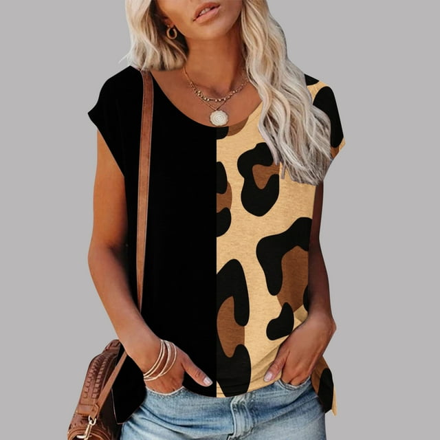 Qtocio Womens Fashion Tops,Color Patchwork Graphic Print Crewneck Short Sleeve Shirt Summer Blouse