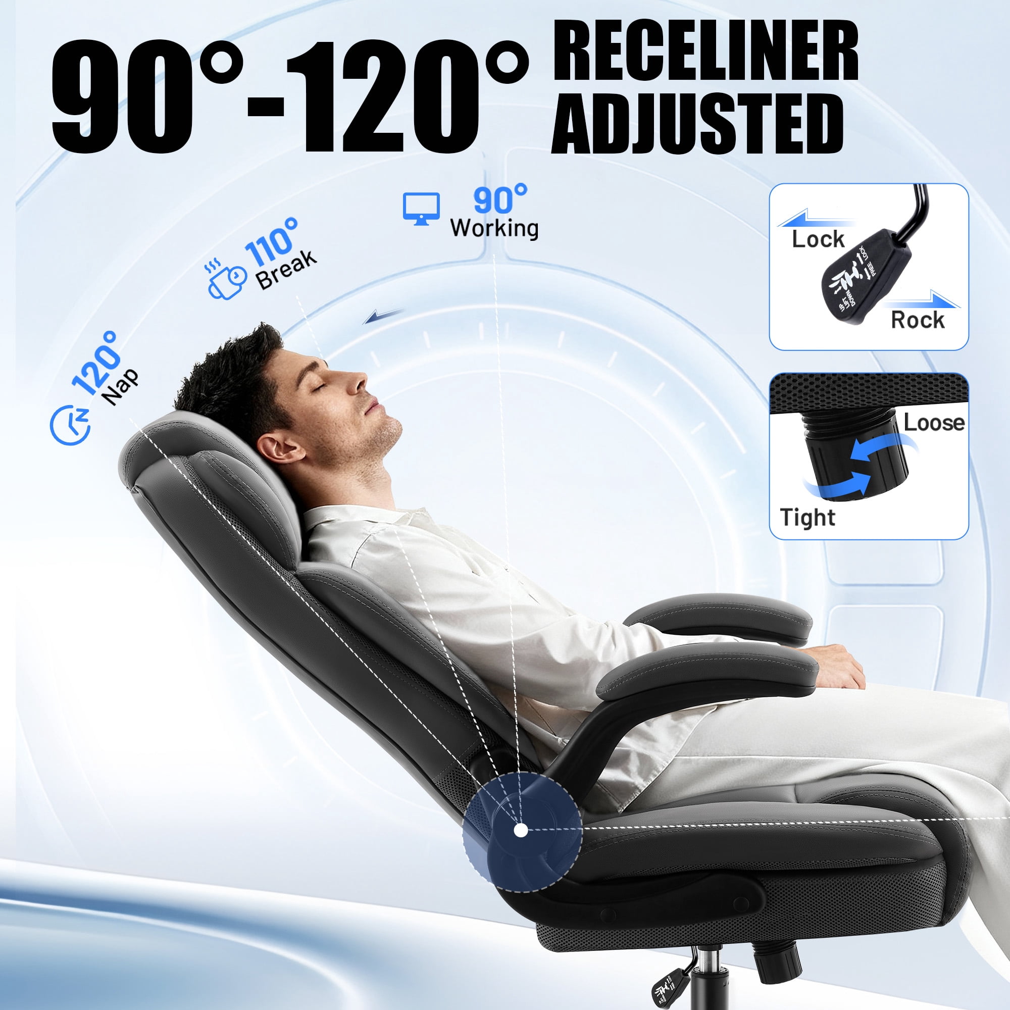 Dhole Ergonomic High-Back PU Leather Office Chair with 120° Recline & Flip-Up Arms - Home Office Desk Chair for Work, Study, Gaming, 300LBS Capacity (Gray)
