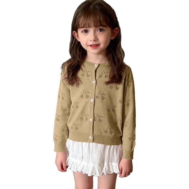 Lovzfmll Girls' Cherry Lace Knit Cardigan, Solid Color Long Sleeve Button Front Sweater, Openwork Design for Little Girls, 8-9 Years