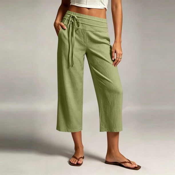Neewe Pull On Capri Pants for Women Fashion Plain with Pockets Elastic Drawstring Waist Daily Outfits