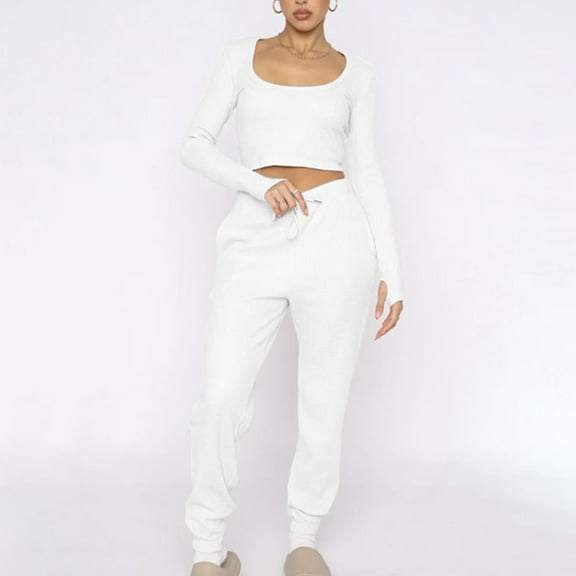 qolati Women's Two Piece Outfits Long Sleeve U-Neck Crop Tops with Jogger Sweatpants Lounge Sets Y2k Oversized High Waist Lounge Wear Sweatsuit