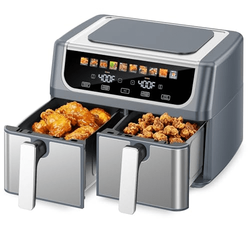 G-Ocean Air Fryer with Dual/Double-Basket, 9.5 Quarts Large Capacity, Independent Temp Control, 10 Preset Modes, Gray