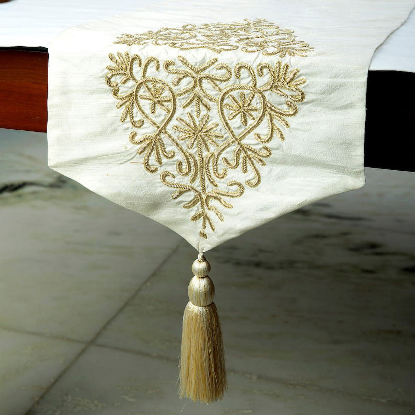 Decorative Ivory & Gold Table Runner Coffee Table Runner (14 x 36 inch), Tassels & Zardozi Table Runner, Silk fabric Table Linen, Damask Pattern Contemporary Style - Ishana