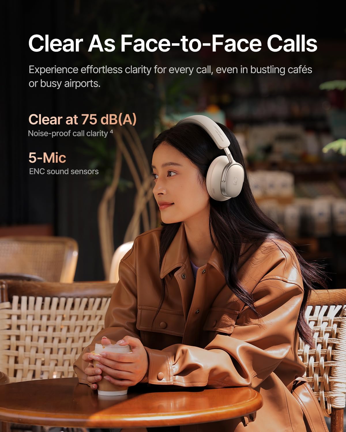 Baseus Inspire XH1 Adaptive Noise Cancelling Headphones, Hi-Res Audio, 100H Playtime, Over-Ear Wireless Bluetooth Headset for Commute, Travel & Calls, White