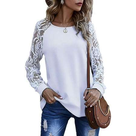 

PIKADINGNIS Womens Solid Color Slim Fit Shoulder Lace T-Shirt Casual Base Crewneck Long Sleeve Shirts for Women Fall Tunic Sweatshirt