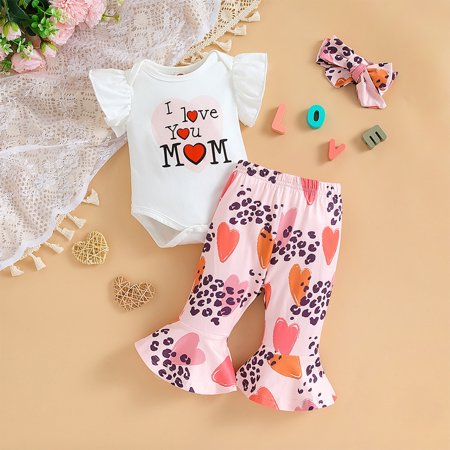 

Bxingsftys Mother Day Bodysuit +Flared Pants Cotton Toddler 3 Piece Baby Girls Easter Gifts