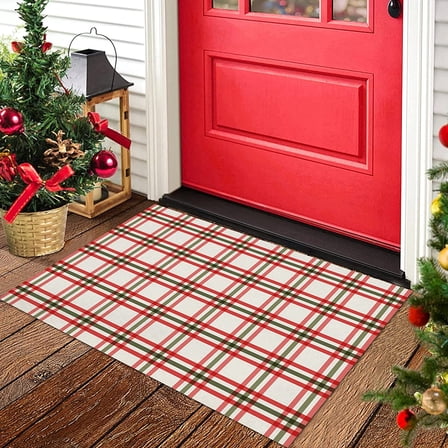 Door Mat for Bedroom Decor, Winter Christmas Red Greem Buffalo Check Plaid Floor Mats, Holiday Rugs for Living Room, Absorbent Non-Slip Bathroom Rugs Home Decor Kitchen Mat Area Rug 18x30 Inch