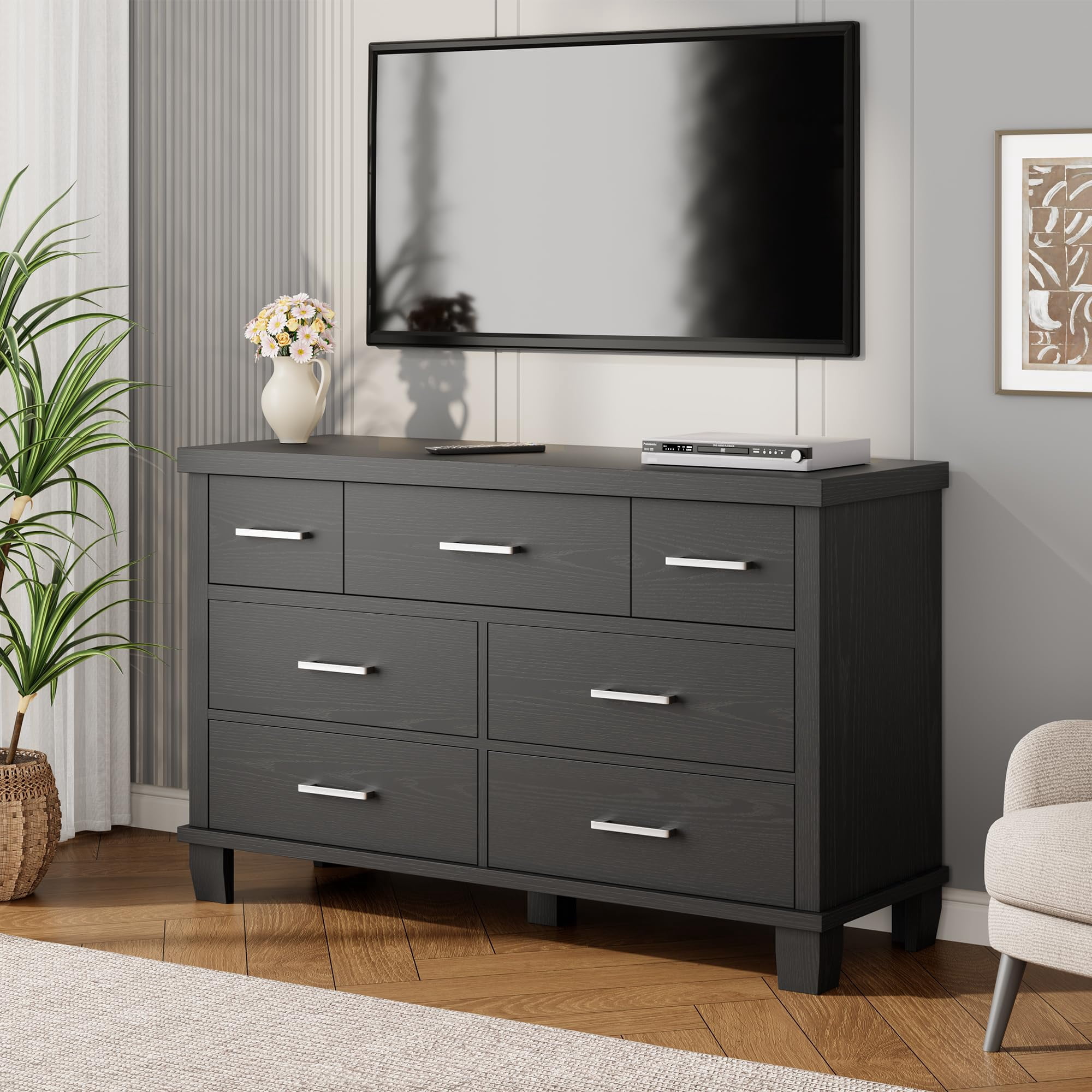 Kicctian 7 Drawer Dresser for Bedroom, 51" Wide Modern Wood Chest of Drawers, Wooden Closet Organizer with Metal Handles, Bedroom Living Room,Black