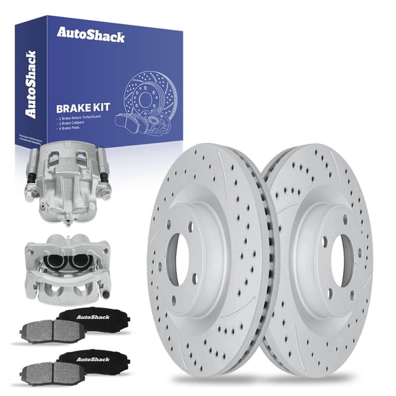 AutoShack Front Drilled & Slotted Brake Rotors Ceramic Brake Pads Calipers | Replacement for 2011-2014 Ford Edge 2011-2012 Lincoln MKX 3.5L AWD FWD | Silver Matte Finish | 8-PC Brake Kit | TurboGuard