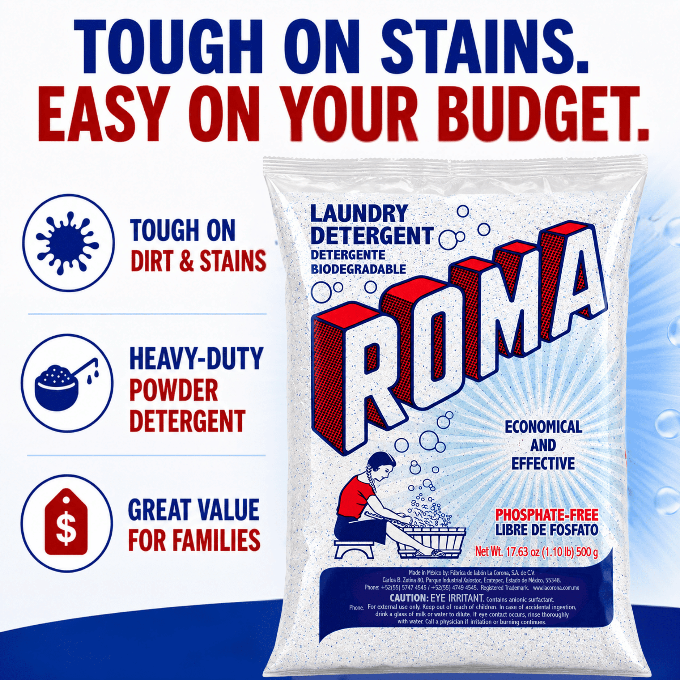 Roma Powder Laundry Detergent, Heavy Duty Cleaning for Stains, Grease and Dirt, 1.1 lb