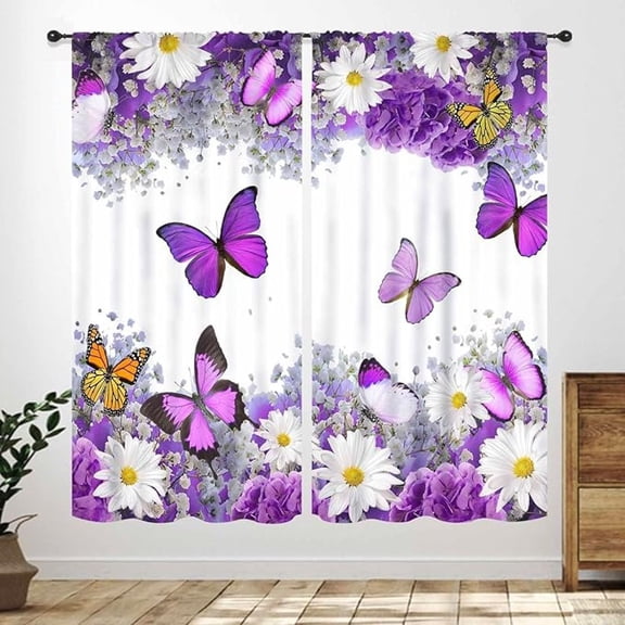 Floral Butterfly Curtains, Purple Daisy Floral Spring Botanical Window Treatments Landscape Scenic Country Boho Nature Bedroom Living Room Drapes 42"W x 108"L (Pack of 2)