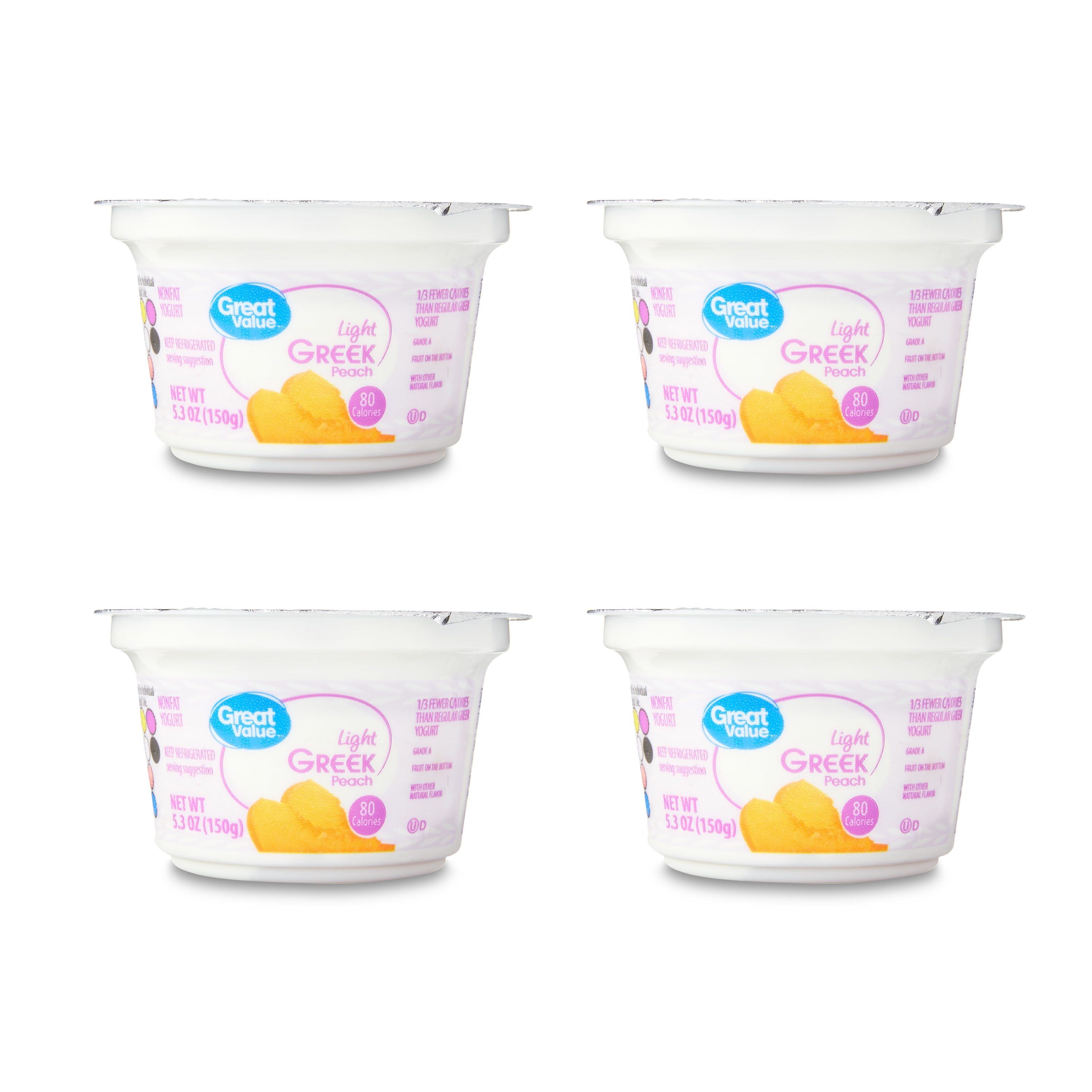 Great Value Light Peach Nonfat Greek Yogurt, 5.3 oz Cups, 4 Pack