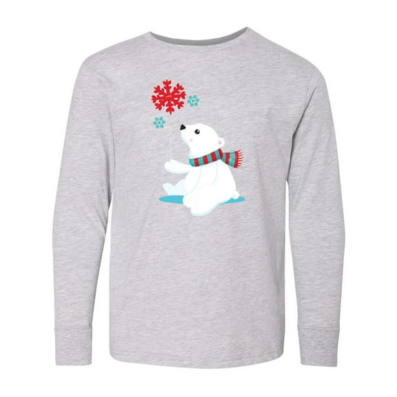 Inktastic Polar Bear, Bear with Scarf, Cute Bear, Snowflakes Long Sleeve Youth T-Shirt