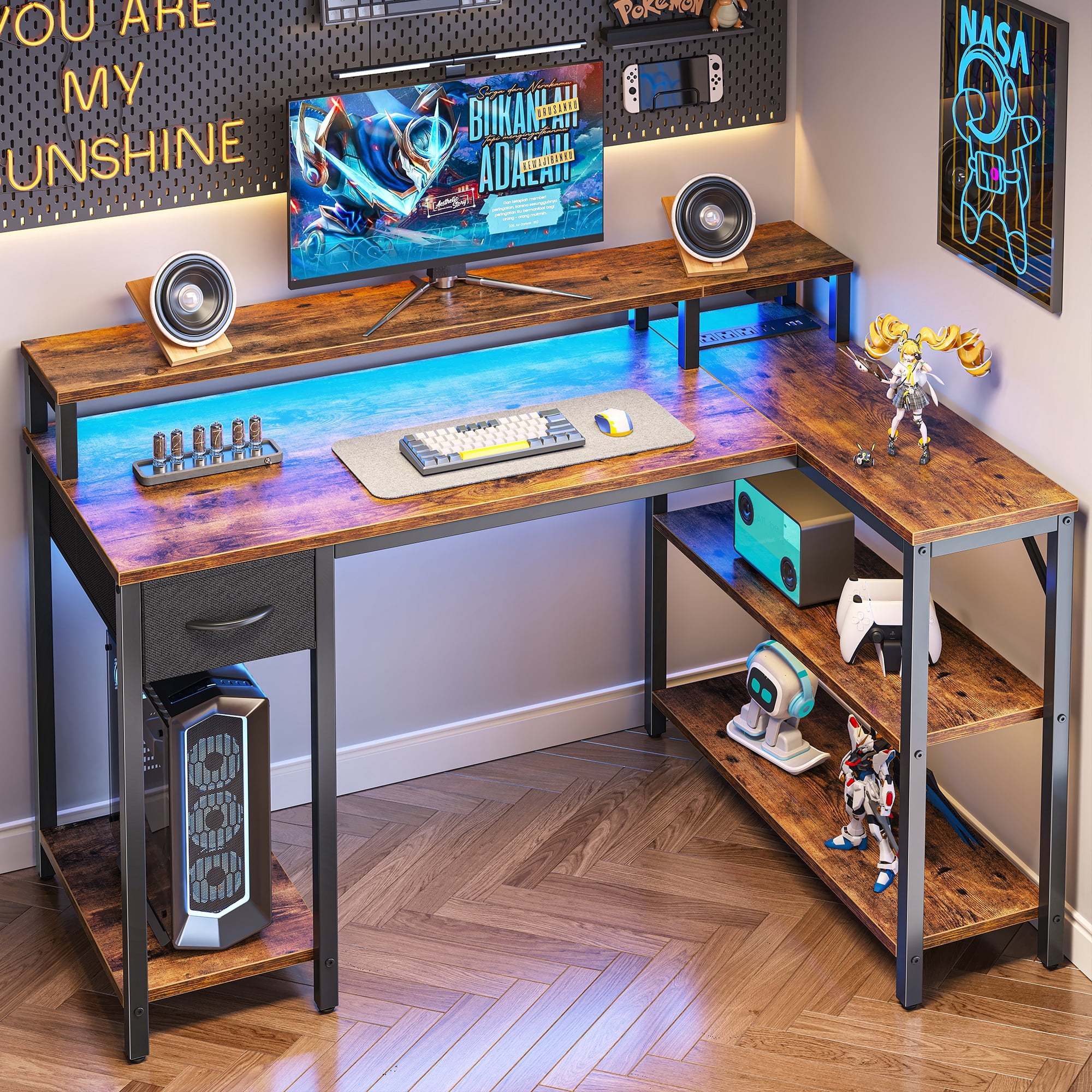 Amadwell 47 Inch L Shaped Desk with LED Strip, Corner Gaming Desk with Power Outlet, Drawer & Shelves