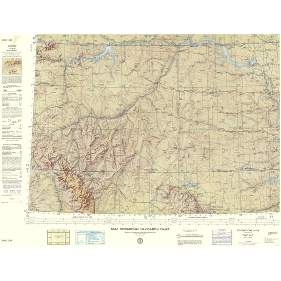 Topographical Map - Yellowstone River Montana Aeronautical Sheet - USAF 1961 - 23 x 30.17 - Vintage Wall Art