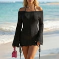 thumbnail image 2 of Womens Cover Ups Women's Elegant Solid One Shoulder Knit Beach Cover Up Dress with Long Sleeves Drawstring Fit Boat Neck Black XL, 2 of 4