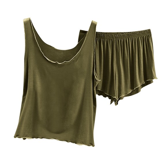 Vhkiploz 2Pcs Lightweight Nightwear Sets Pajamas for Women's Crew Neck Sleeveless Ruffled Stretchy Camisole with Shorts Solid Color Everyday Sleepwears