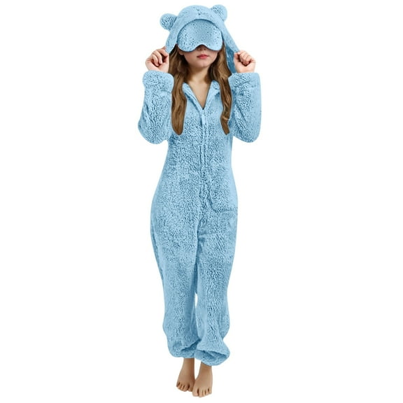 Unisex Kids Halloween Fuzzy Animal Onesie Hooded Cute One Piece 3-12 Years,Color:Sky Blue,Size:3-4 Years