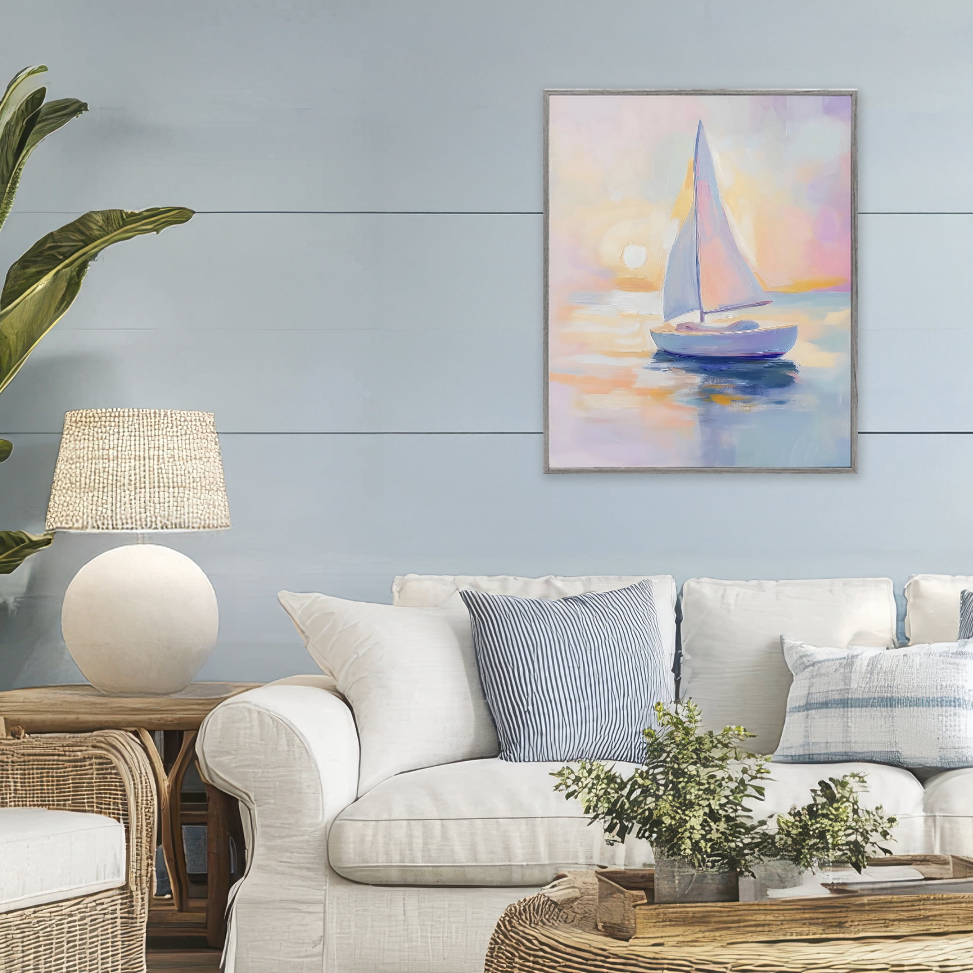 Stupell Industries Pastel Sailboat Toward Pink Horizon Gray Framed Giclee Art, design by The Prints Vibe