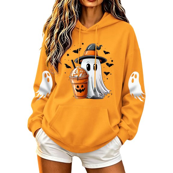 Women Drop Shoulder Spooky Season Hoodie Drawstring Kangaroo Pocket Fall Halloween Pullover Witch Hat Cute Ghost Pumpkin Spice Drink Bat Front Print Sweatshirt