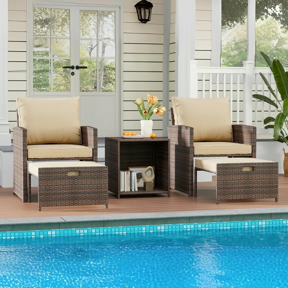 5-Piece High Back Patio Conversation Set with 2 Ottomans and Table, All-Weather PE Rattan Lounge Chairs with Soft Cushions, Perfect for Balcony, Porch, Garden, and Poolside