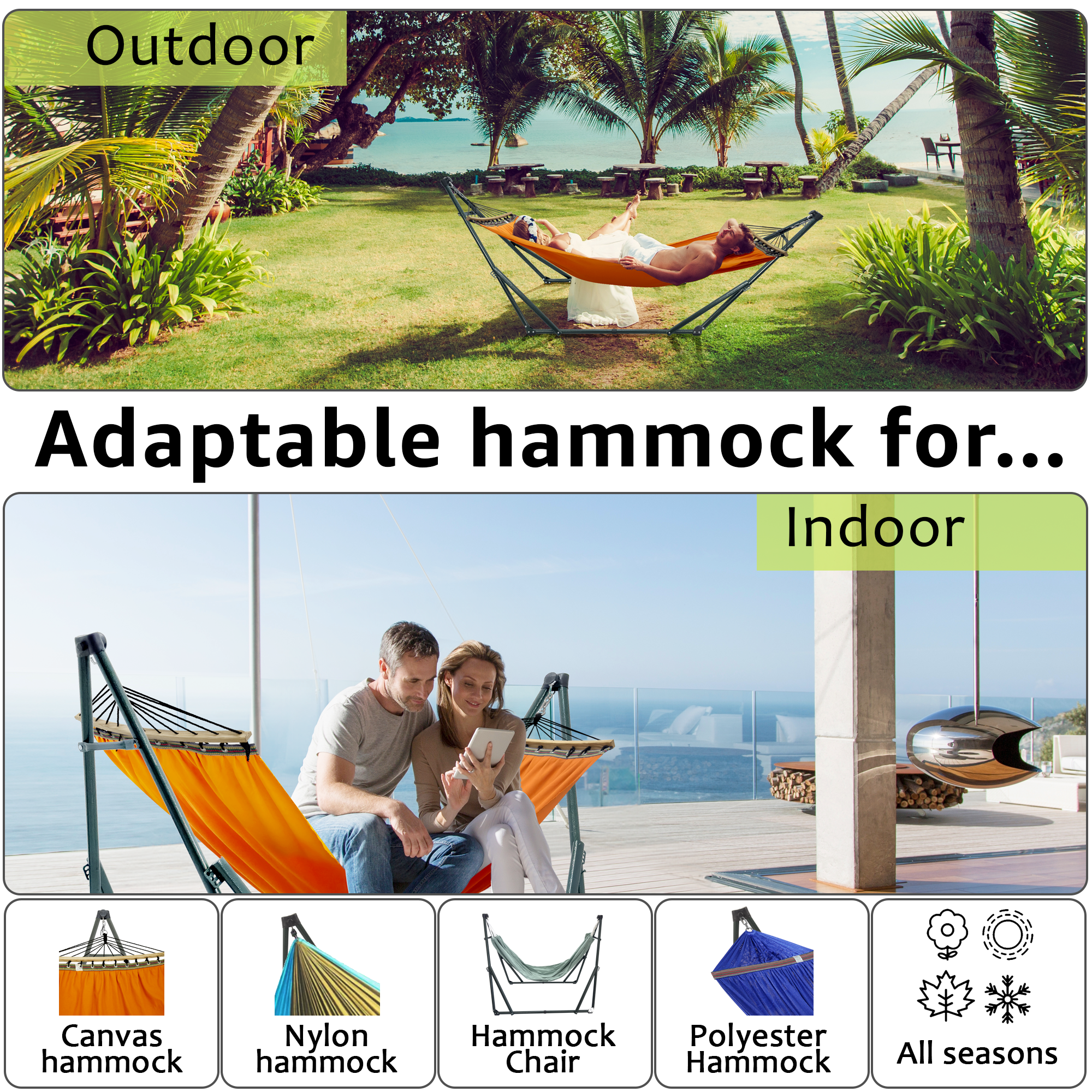 Tranquillo Sturdy Steel Hammock Stand with Premium Cotton Canvas Hammock, Orange