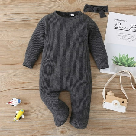 

YANHOO Newborn Infant Baby Boy Girl Long Sleeve Solid Romper Jumpsuit Clothes+Headband