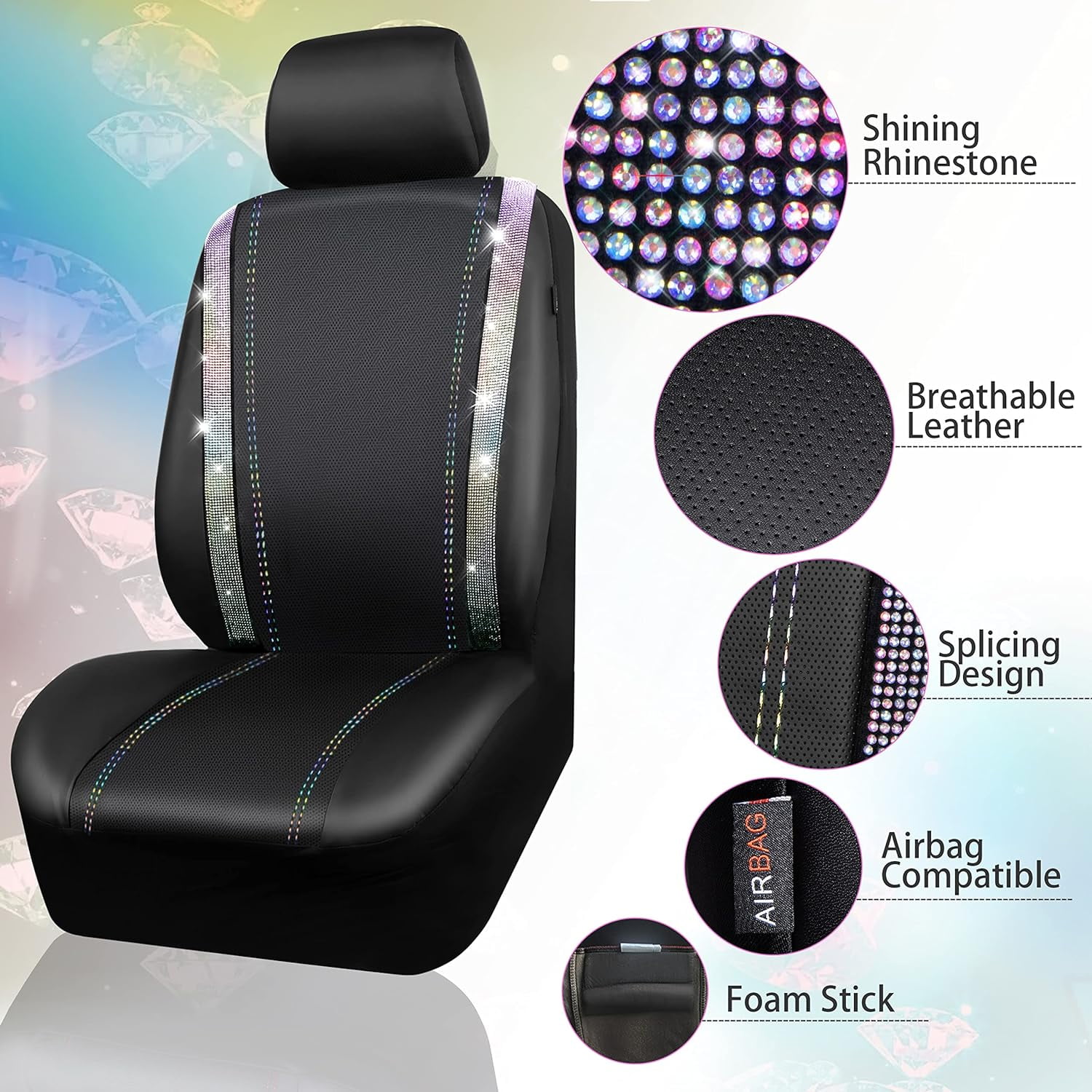 CAR GRAND Bling Car Seat Covers Full Set, Shining Rhinestone Diamond Waterproof Faux Leather, Rear with Zipper, Universal Fit Automotive Glitter Crystal Sparkle Strips for Cute Women Girl, muti-color