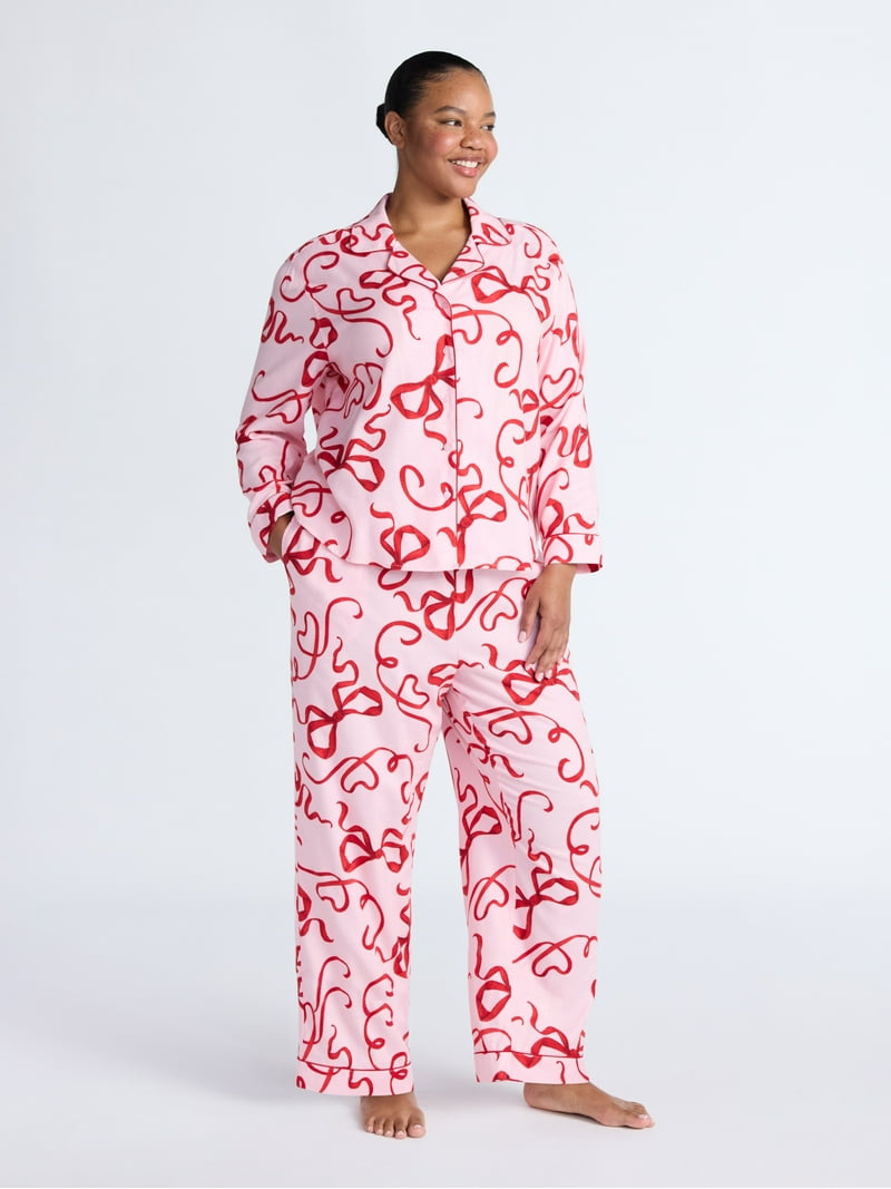 Joyspun Women's Long Sleeve Flannel Sleep Top and Pants Pajama Set