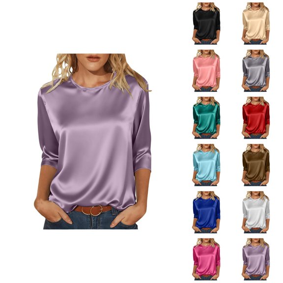 3/4 Length Sleeve Womens Tops 2026 Spring Trendy Casual Satin Crewneck Soft Basic Tshirt Womens Blouses