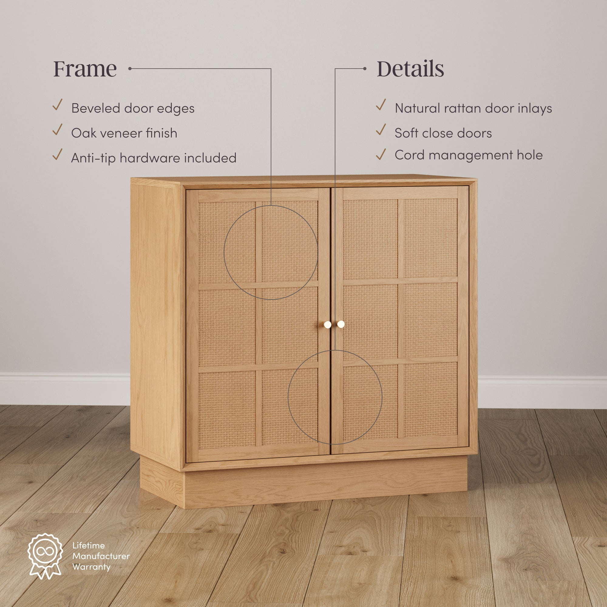 Nathan James Elise Modern Coastal Storage Cabinet, Oak TV Cabinet Stand or Rattan Storage Cabinet with Doors and Brass Door Handles, Raw Oak