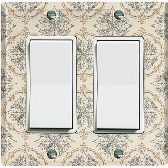 Metal Light Switch Plate Outlet Cover (Damask Ornament Tan Pattern - Double Rocker)