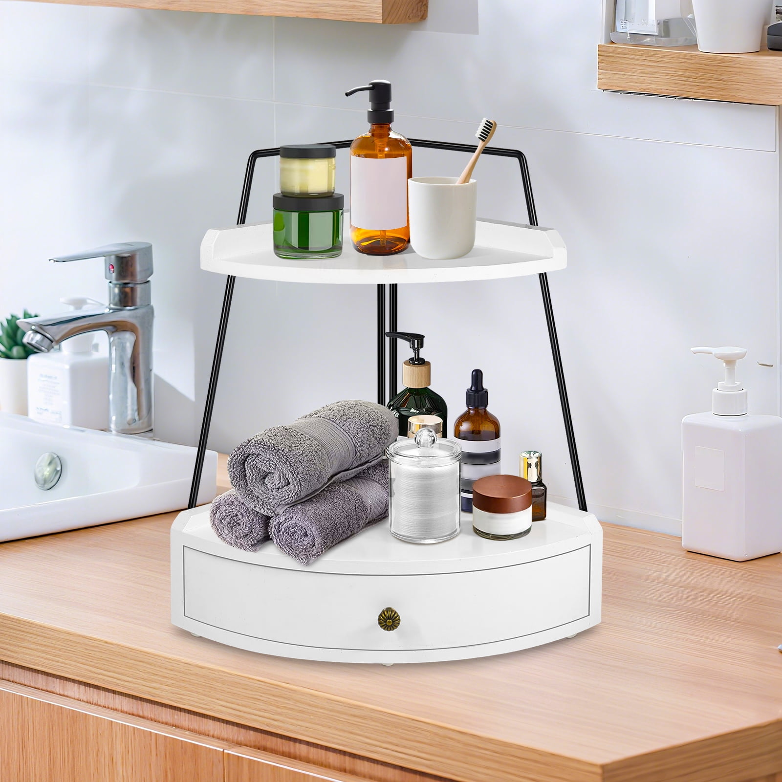 2 Tier Bathroom Counter Organizer, Wood Bathroom Organizer Countertop with Drawer, Corner Storage Shelf for Cosmetic Vanity Tray, Kitchen Spice Rack, Kitchen Organizer and Storage