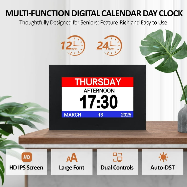 7'' Digital Alarm Clock with Day/Date for Seniors, Adjustable