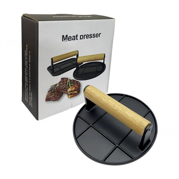 DEBGFS Piwvid Burger Press Cast Iron Grill Press with Wood Handle 7” Round or 8.2”X 4.3” Rectangle Heavy-Duty Hamburger Smasher Tool Perfects for Blackstone Griddle Flat Tops & Meat G,bk1