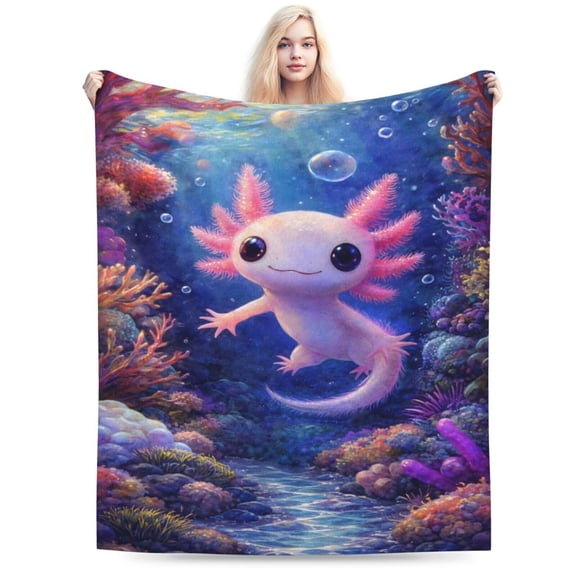 Cute Axolotl Underwater Blanket, Cozy Flannel Smiling Axolotls Throw Blanket, Soft Fuzzy Blankets for Travel Home Decor, All Season Lightweight Couch Bed Cover, Gifts for Women 50x40