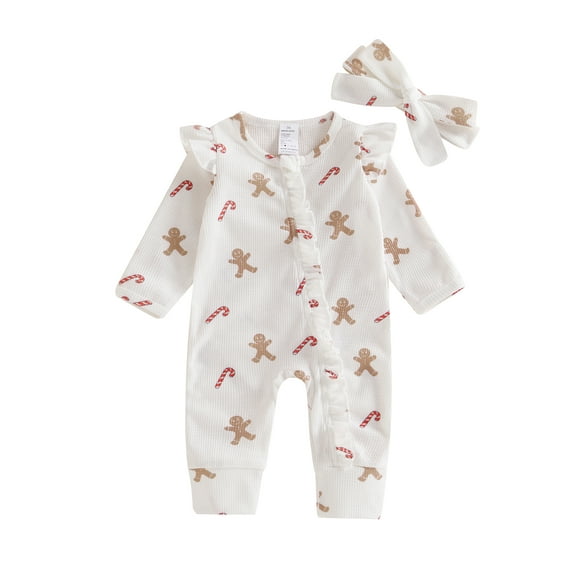 Baby Todlder Girls Christmas Jumpsuit 0 3 6 12 Motnhs Long Sleeve O Neck Gingerbread Print Ruffle Trim Romper with Headband